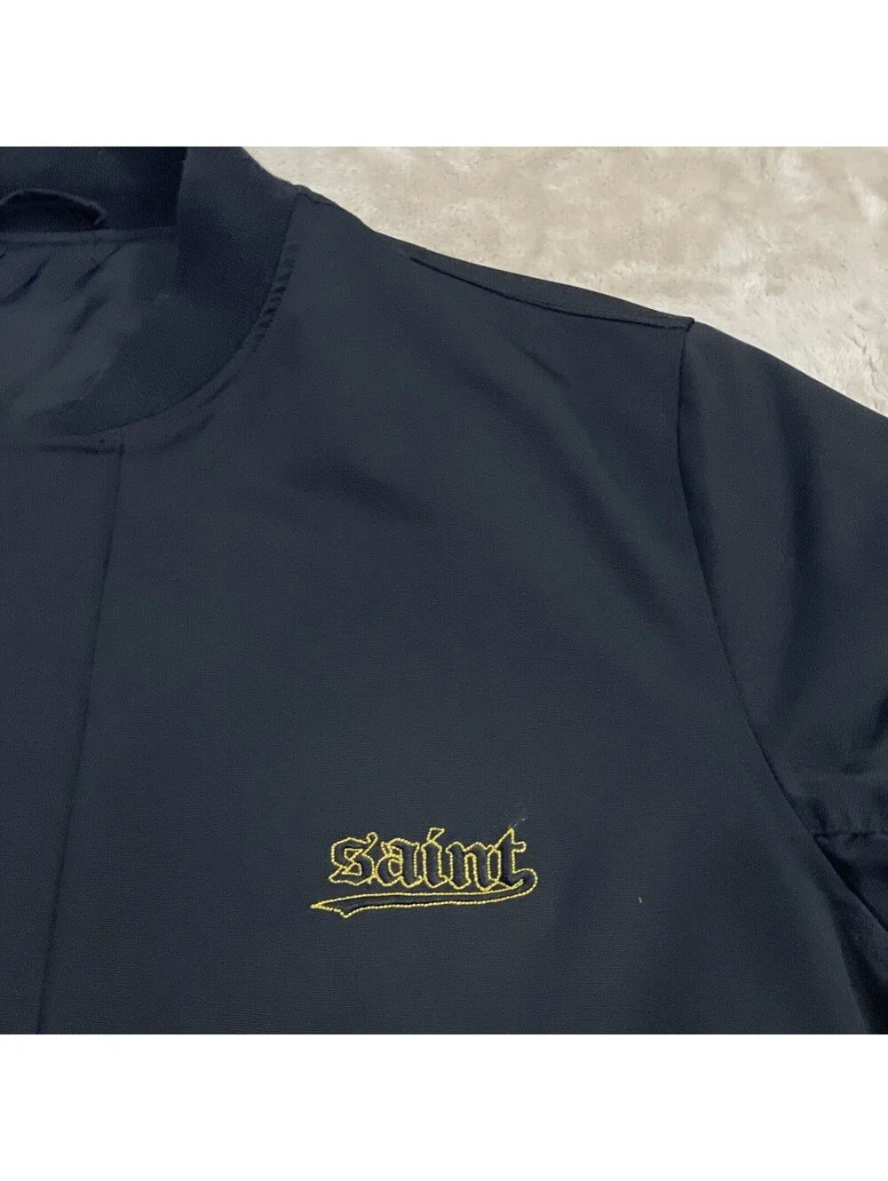 Saint Morta Full-Zip & Snap Black Bomber Jacket Gothic Logo Mens Size L *FLAW*